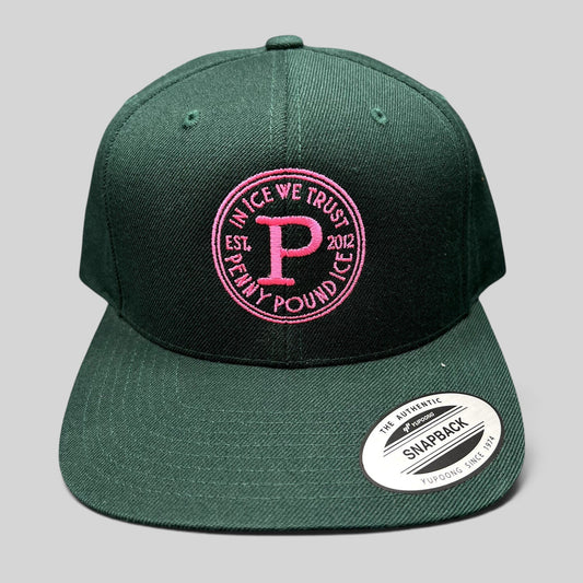 Raree Finds Penny Pound Ice dark green snapback hat with pink In Ice We Trust circular logo embroidery