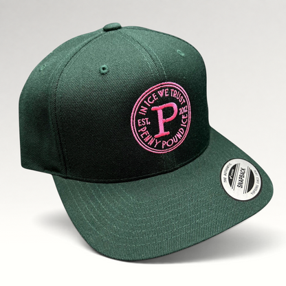 Raree Finds Penny Pound Ice dark green snapback hat with pink In Ice We Trust circular logo embroidery