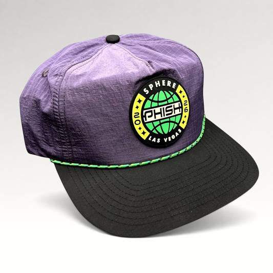 Raree Finds Phish Sphere 2026 Las Vegas purple ripstop nylon snapback hat with black flat bill and green rope accent.