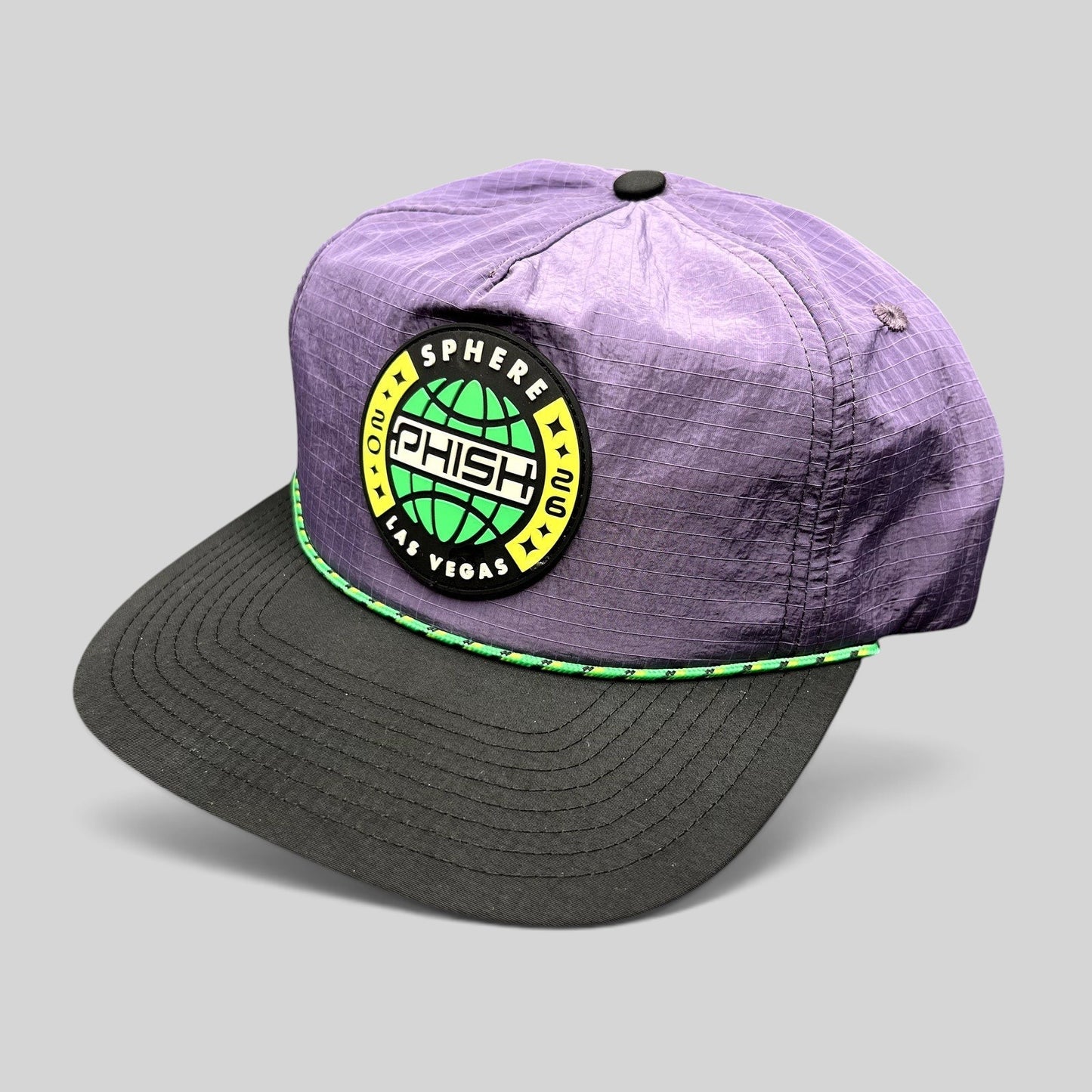 Raree Finds Phish Sphere 2026 purple ripstop nylon snapback hat with black flat bill and green rope accent