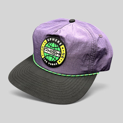 Raree Finds Phish Sphere 2026 purple ripstop nylon snapback hat with black flat bill and green rope accent