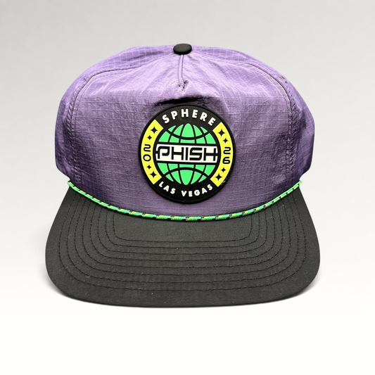 Raree Finds Phish Sphere 2026 purple ripstop nylon snapback hat with black flat bill and green rope accent.