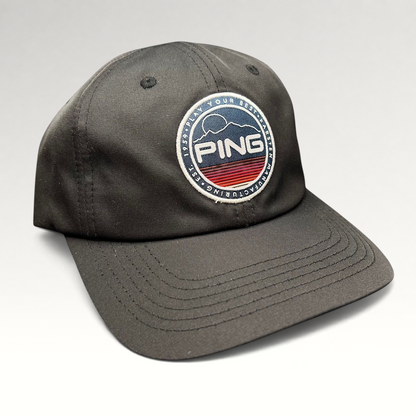 Raree Finds PING black golf strapback hat with circular mountain patch logo and SensorCool moisture-wicking fabric.