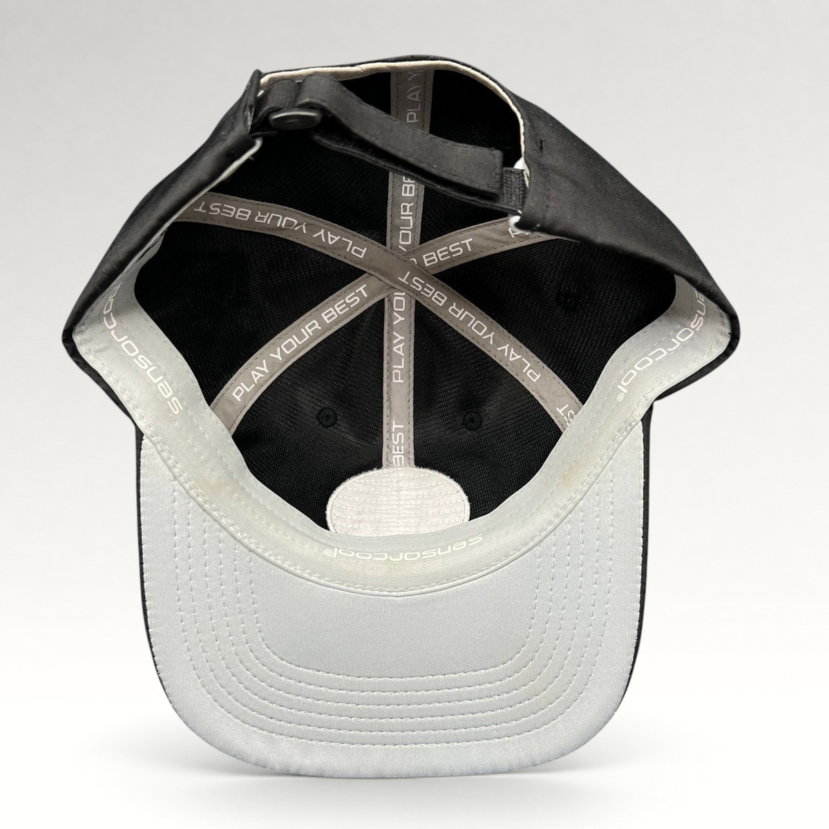 Raree Finds PING golf hat interior showing SensorCool moisture-wicking lining and Play Your Best branded tape