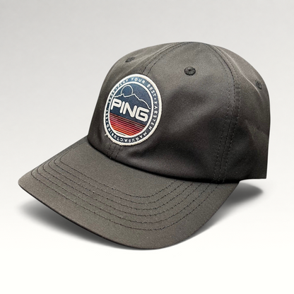 Raree Finds black PING golf strapback hat featuring a circular embroidered mountain patch logo and SensorCool fabric.