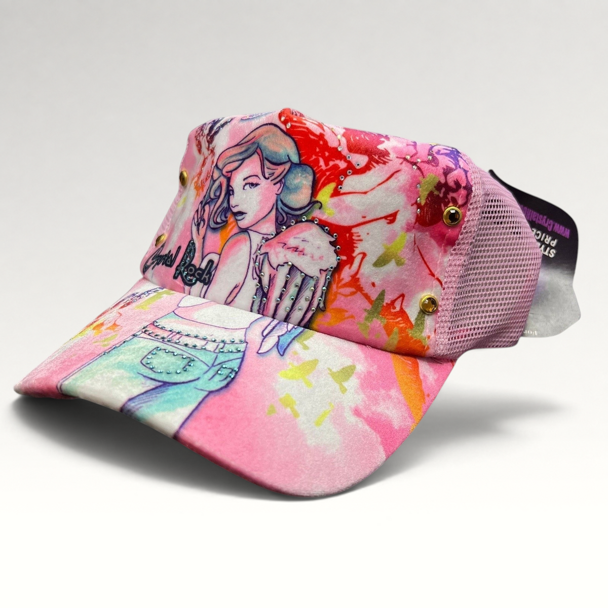 Raree Finds Crystal Rock by Christian Audigier pink trucker hat with angel graphic, rhinestones, and metallic studs.