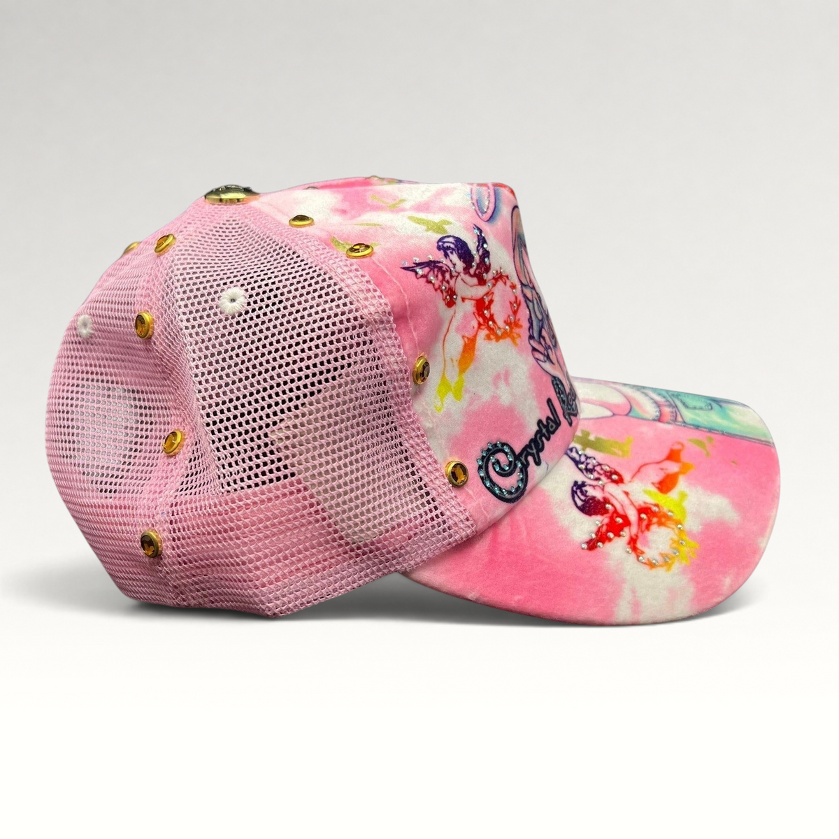 Raree Finds Crystal Rock by Christian Audigier pink Y2K trucker hat with angel graphic, rhinestones, and metal studs.