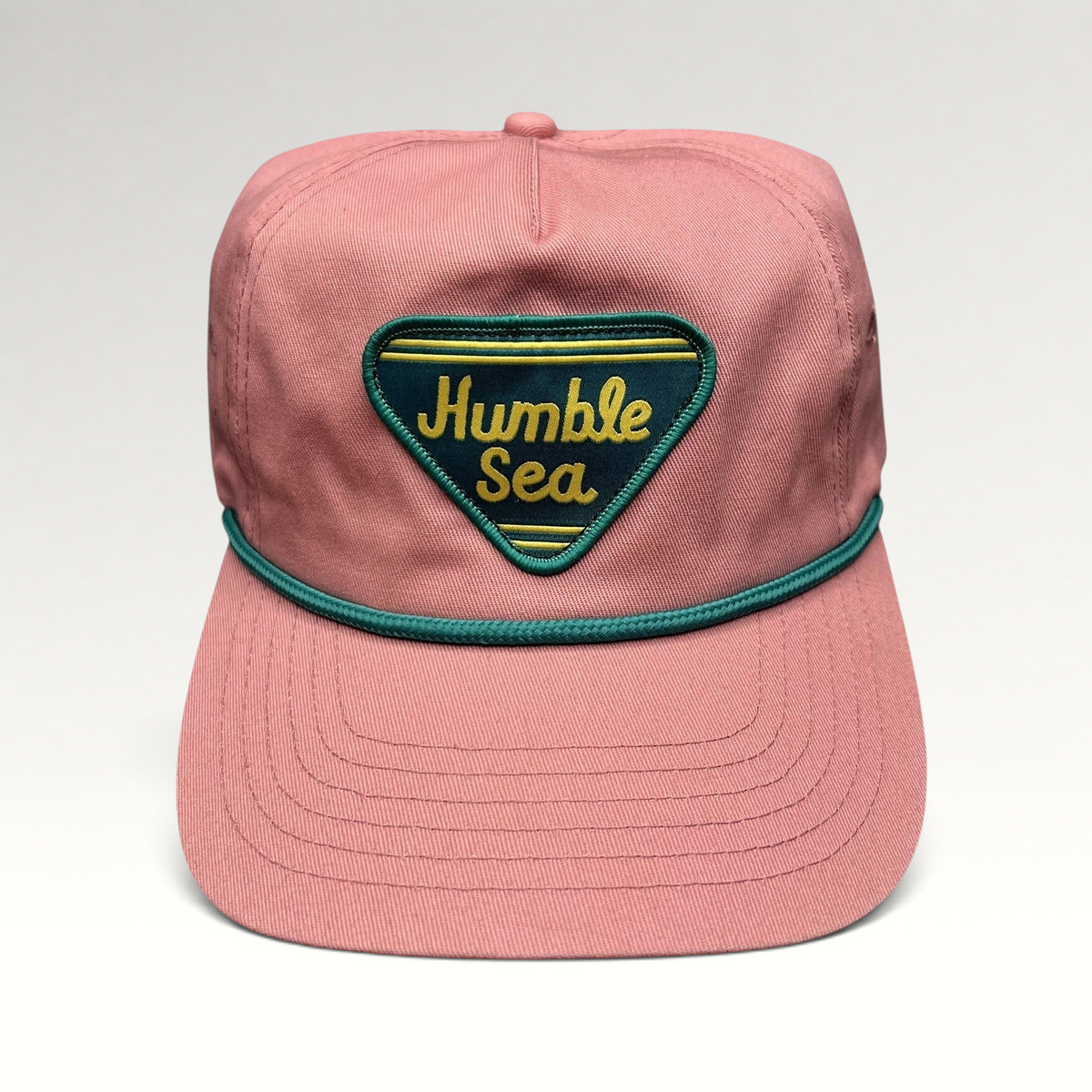 Raree Finds pink Humble Sea Brewing strapback hat with a teal rope accent and embroidered triangle patch