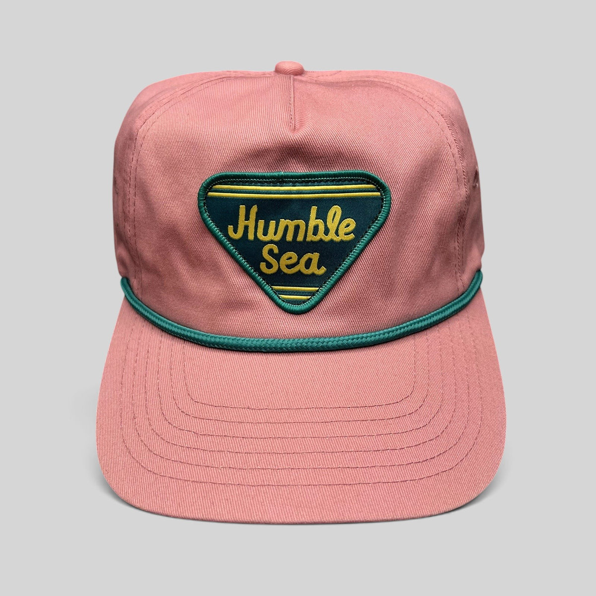 Raree Finds pink Humble Sea Brewing strapback hat with a teal rope accent and embroidered triangle patch