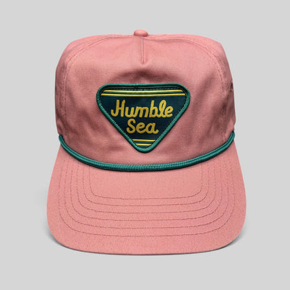 Raree Finds pink Humble Sea Brewing strapback hat with a teal rope accent and embroidered triangle patch