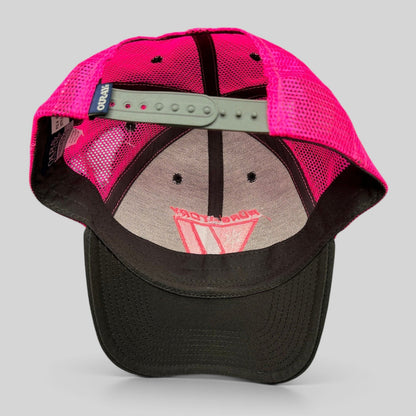 Raree Finds vintage 90s Purgatory Racing snapback hat with neon pink mesh back and black cotton brim
