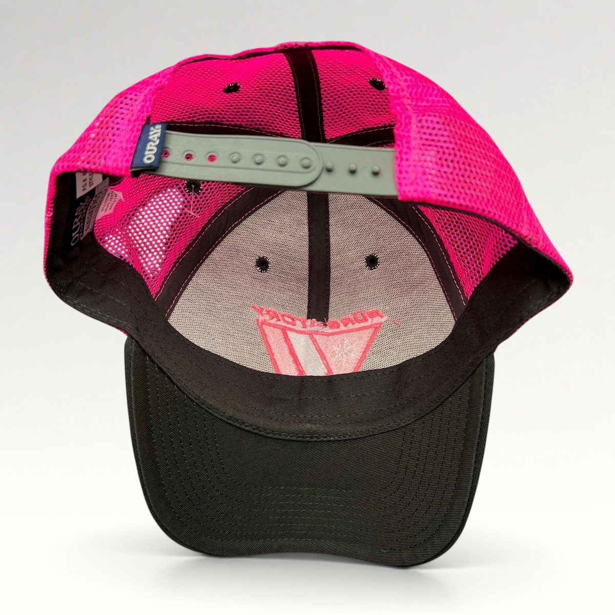 Raree Finds vintage 90s Purgatory Racing snapback hat with neon pink mesh back and black cotton brim