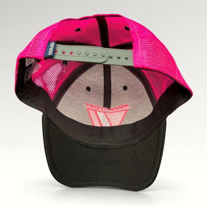 Raree Finds vintage 90s Purgatory Racing snapback hat with neon pink mesh back and black cotton brim