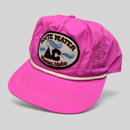 Raree Finds vintage neon pink Imperial nylon strapback hat with White Water AC Stanley Idaho patch and white rope trim