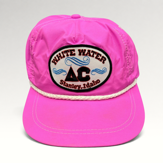 Raree Finds vintage neon pink nylon Imperial strapback hat with White Water AC Stanley Idaho patch and white rope