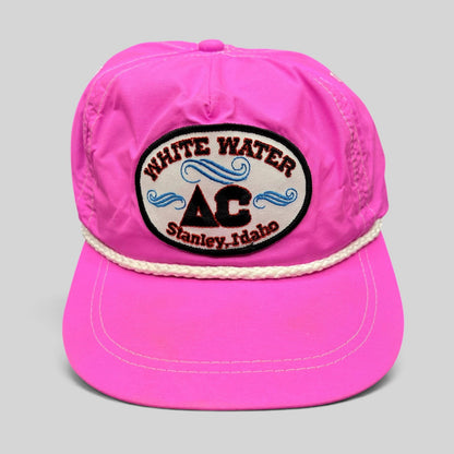 Raree Finds vintage neon pink nylon Imperial strapback hat with White Water AC Stanley Idaho patch and white rope