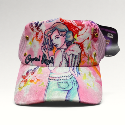 Raree Finds Crystal Rock by Christian Audigier pink trucker hat with Y2K angel graphic, rhinestones, and metal studs.
