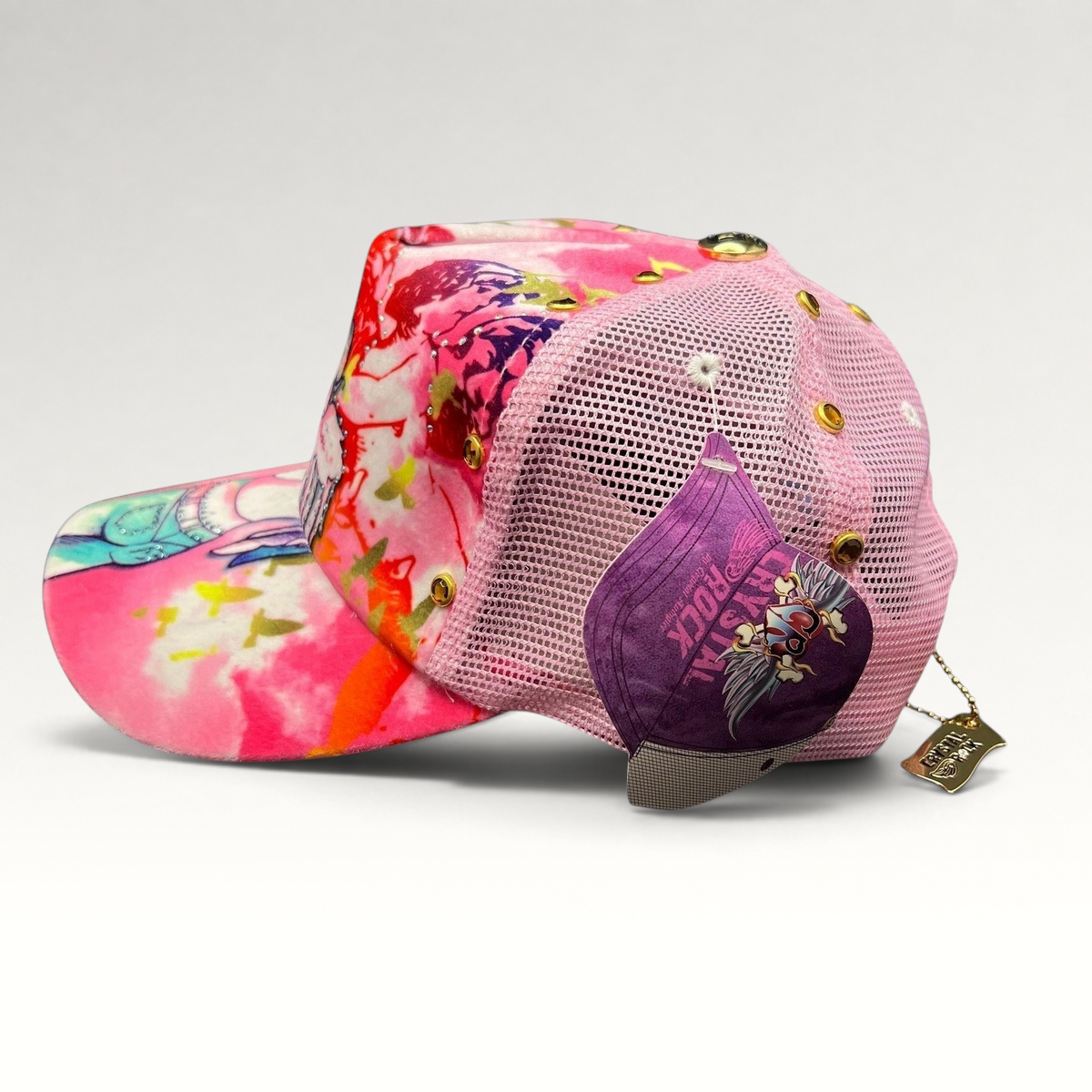 Raree Finds Crystal Rock by Christian Audigier pink Y2K trucker hat with angel graphic, rhinestones, and metal studs.