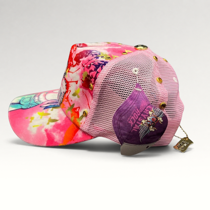 Raree Finds Crystal Rock by Christian Audigier pink Y2K trucker hat with angel graphic, rhinestones, and metal studs.