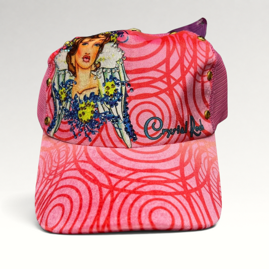 Raree Finds Crystal Rock by Christian Audigier pink trucker hat with Y2K graphic, rhinestones, and metallic studs.