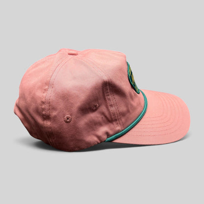 Raree Finds Humble Sea Brewing pink cotton strapback hat with teal rope detail and retro surf brewery patch