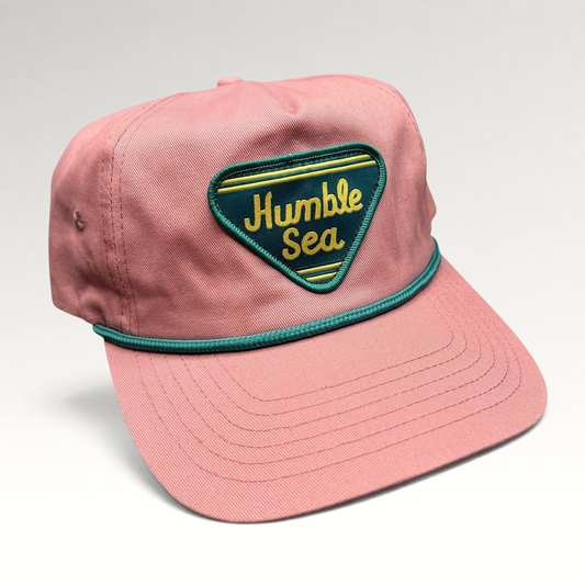 Raree Finds pink cotton strapback hat with teal rope detail and Humble Sea Brewing embroidered patch