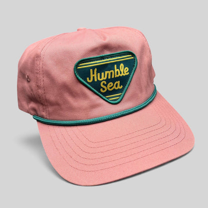 Raree Finds pink cotton strapback hat with teal rope detail and Humble Sea Brewing embroidered patch