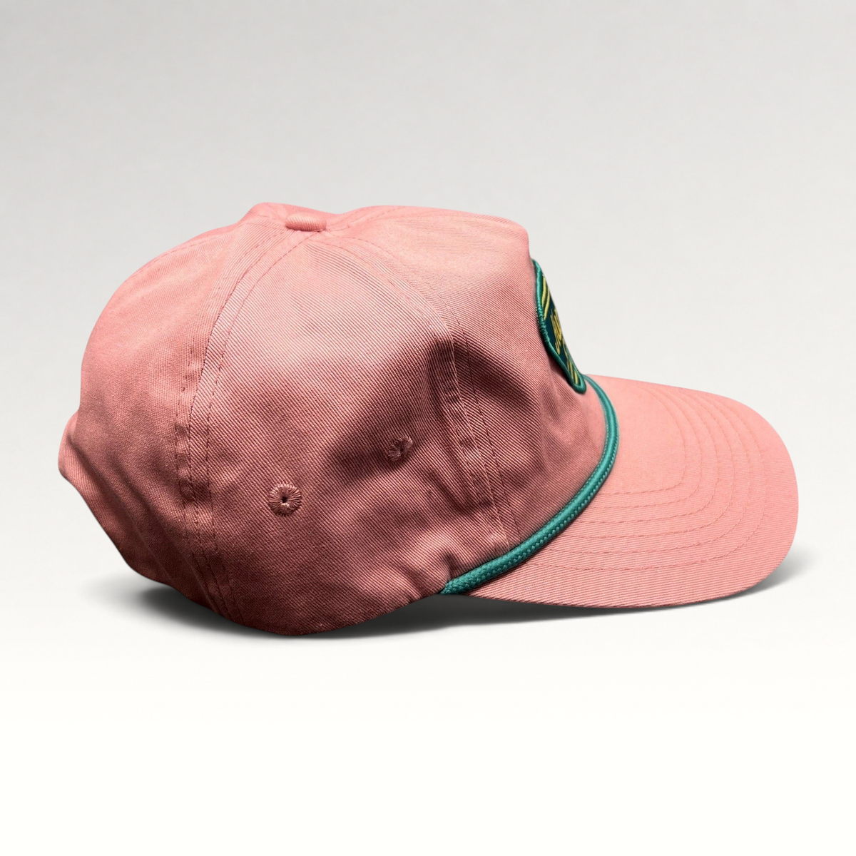 Raree Finds Humble Sea Brewing pink cotton strapback hat with teal rope detail and retro surf brewery patch