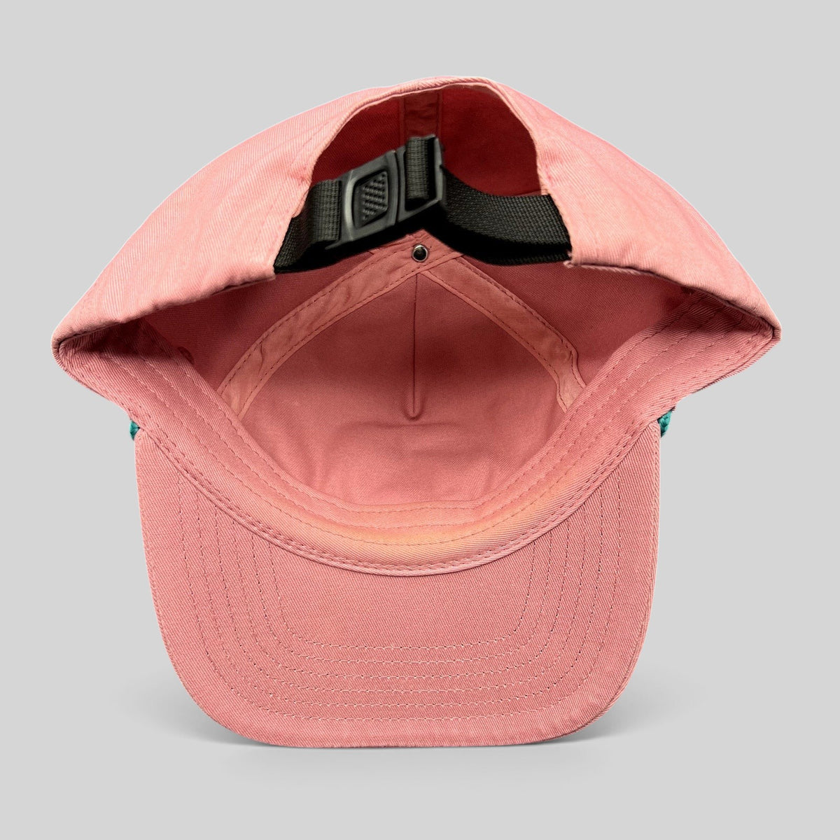 Raree Finds Humble Sea Brewing pink cotton strapback hat with adjustable black clip closure, interior view