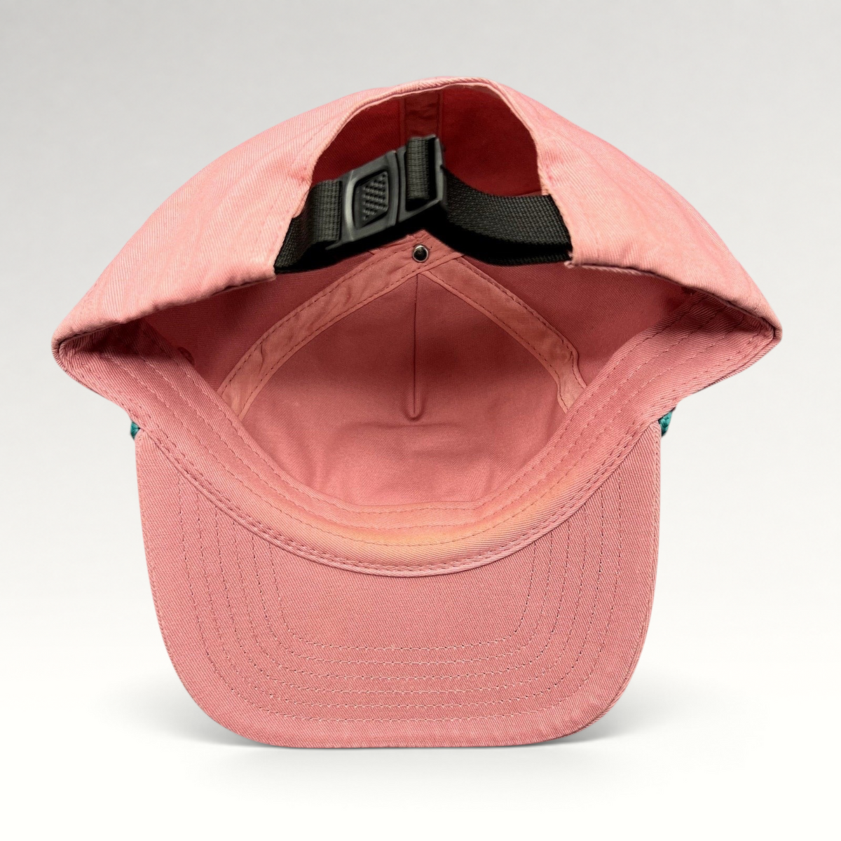 Raree Finds Humble Sea Brewing pink cotton strapback hat with adjustable black clip closure, interior view