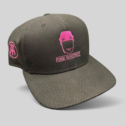 Raree Finds black New Era 9FIFTY snapback hat with pink Pink Whitney logo embroidery and side Barstool stool icon