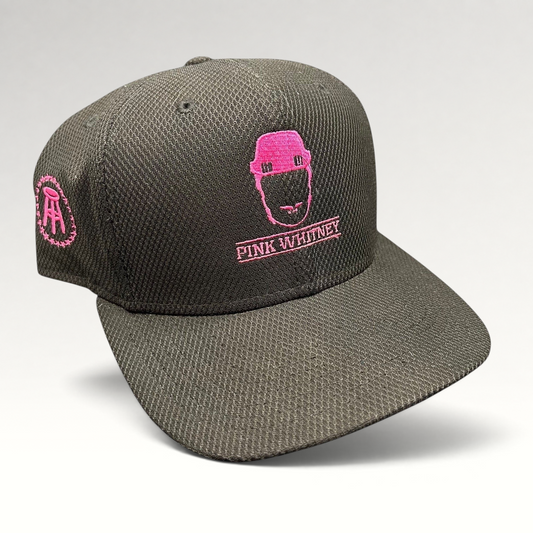 Raree Finds black New Era 9FIFTY snapback hat with pink Pink Whitney logo embroidery and side Barstool stool icon