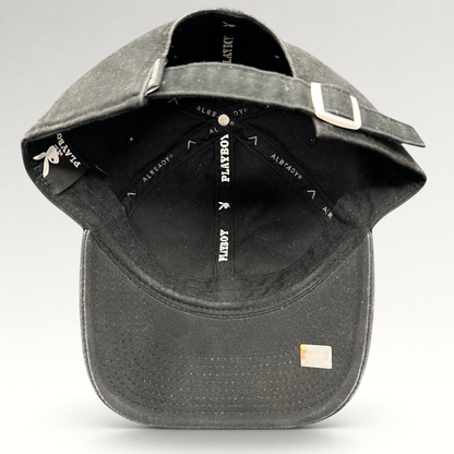Raree Finds black Playboy strapback hat with interior Already Design Co branding and adjustable metal clasp closure