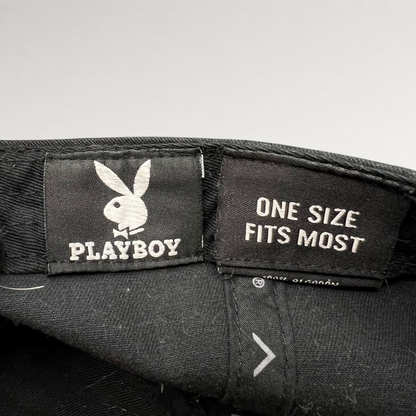 Raree Finds black Playboy strapback hat interior label with bunny logo and one size fits most text