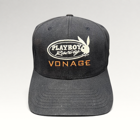 Raree Finds black Yupoong Flexfit hat featuring embroidered Playboy Racing and Vonage logos on the front