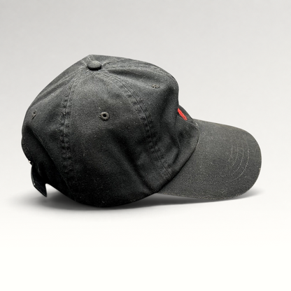 Raree Finds Polo Ralph Lauren black cotton twill strapback hat with red embroidered pony logo, side profile view.