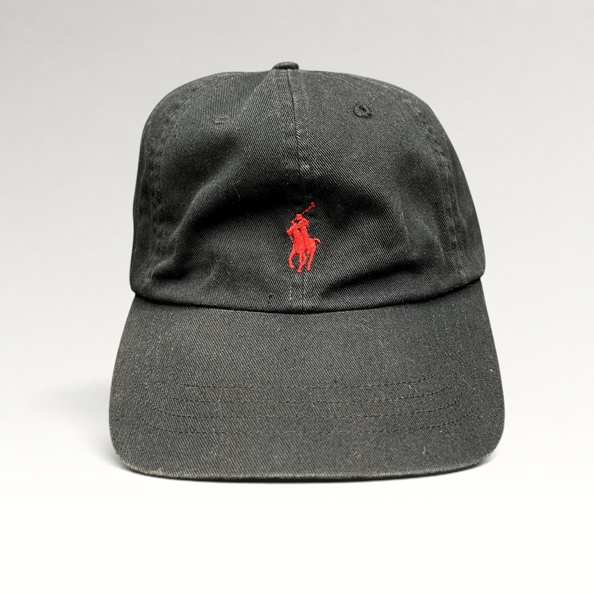 Raree Finds Polo Ralph Lauren black cotton twill strapback hat featuring a red embroidered pony logo on the front
