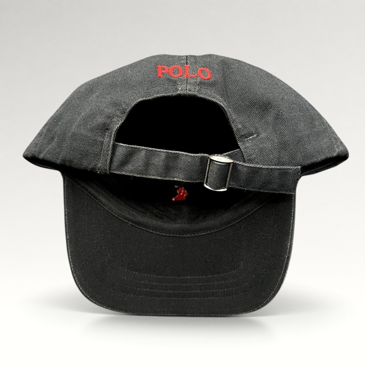 Raree Finds Polo Ralph Lauren black cotton strapback hat with red POLO embroidery and adjustable metal buckle closure