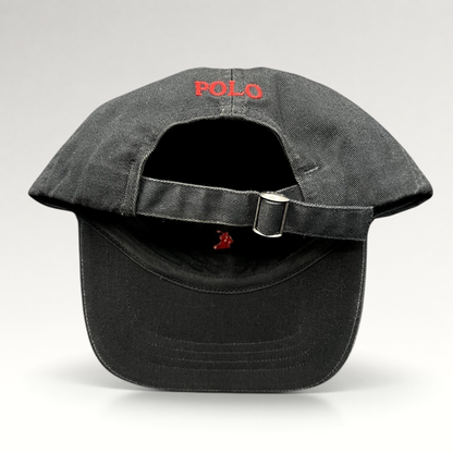 Raree Finds Polo Ralph Lauren black cotton strapback hat with red POLO embroidery and adjustable metal buckle closure