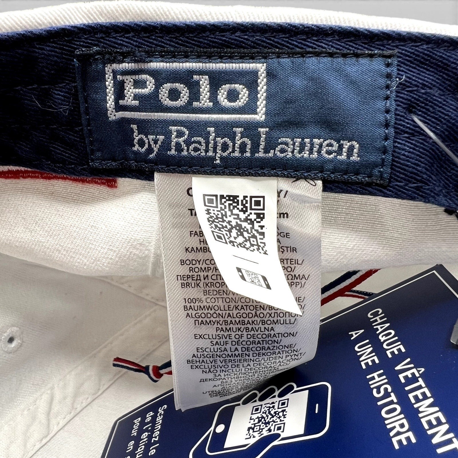 Raree Finds Polo Ralph Lauren Team USA hat interior care label with 100% cotton material details and QR code tag