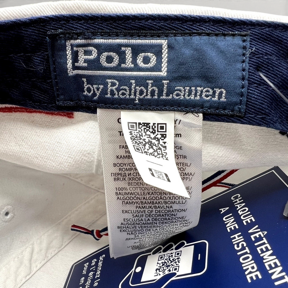 Raree Finds Polo Ralph Lauren Team USA hat interior care label with 100% cotton material details and QR code tag