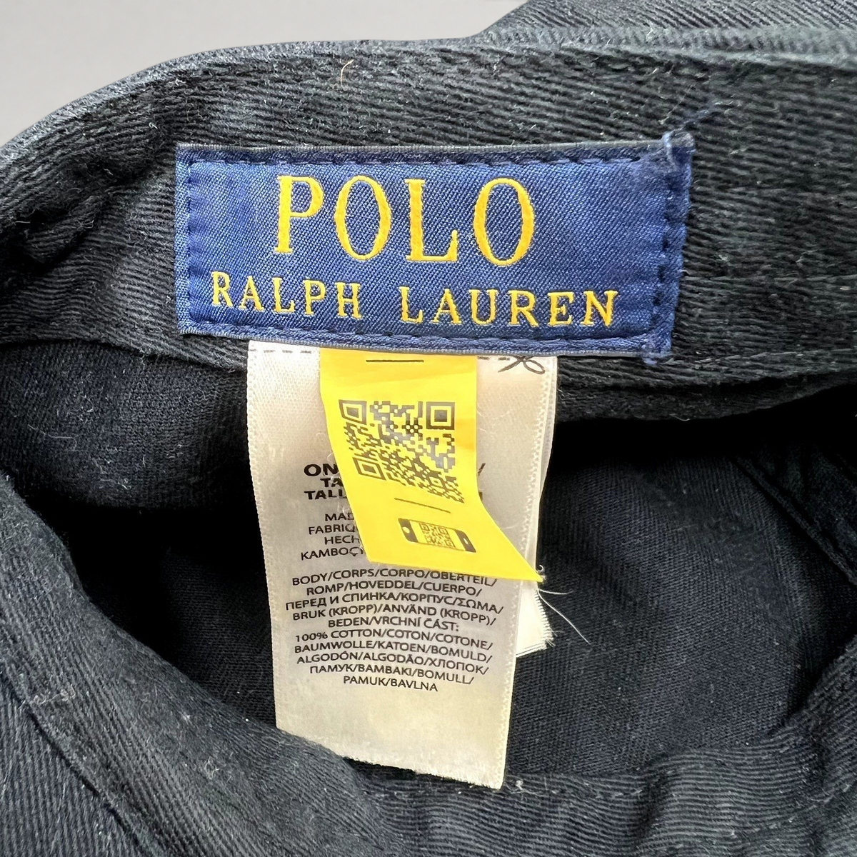 Raree Finds Polo Ralph Lauren black cotton hat interior label with yellow authentication QR code tag