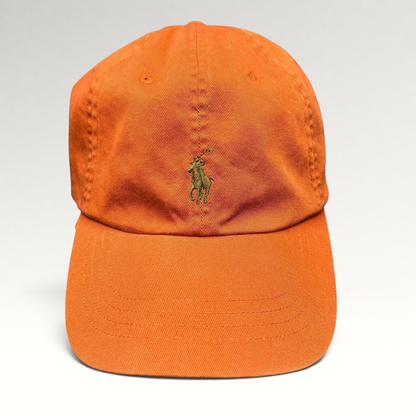 Raree Finds Polo Ralph Lauren orange cotton strapback cap with embroidered green pony logo
