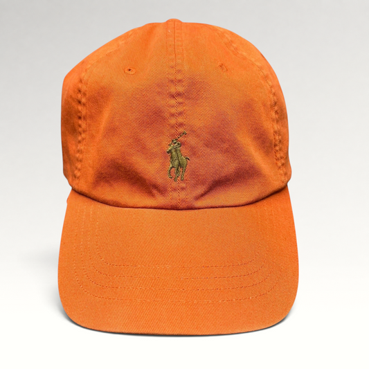 Raree Finds Polo Ralph Lauren orange cotton strapback cap with embroidered green pony logo