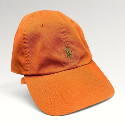 Raree Finds Polo Ralph Lauren orange cotton strapback cap with embroidered green pony logo and unstructured fit