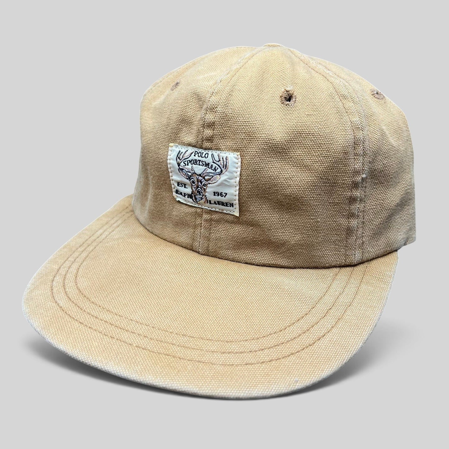 Raree Finds vintage Polo Ralph Lauren Sportsman tan cotton canvas fitted hat with deer patch logo