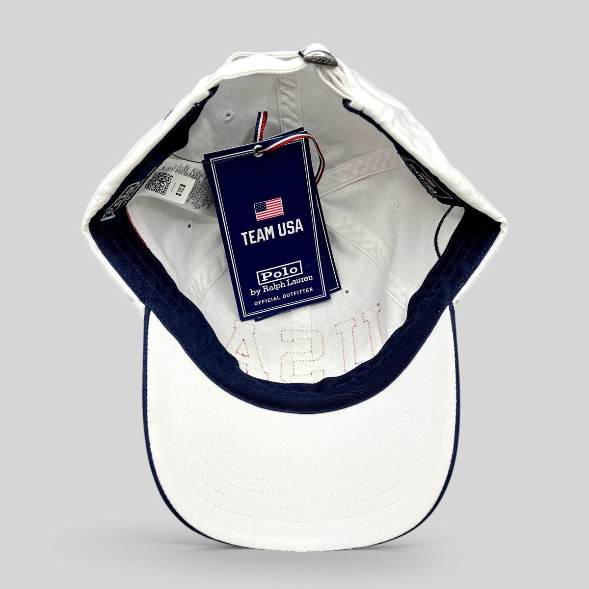 Raree Finds Polo Ralph Lauren Team USA white cotton strapback hat with navy trim and official Olympic hangtag