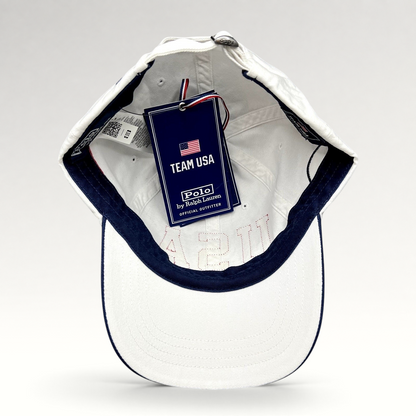 Raree Finds Polo Ralph Lauren Team USA white cotton strapback hat with navy trim and official Olympic hangtag