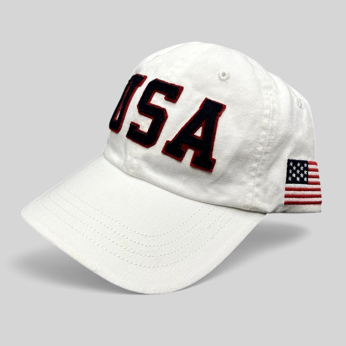 Raree Finds Polo Ralph Lauren Team USA white cotton strapback hat with navy and red felt USA lettering and flag detail