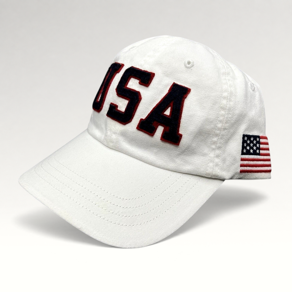 Raree Finds Polo Ralph Lauren Team USA white cotton strapback hat with navy and red felt USA lettering and flag detail